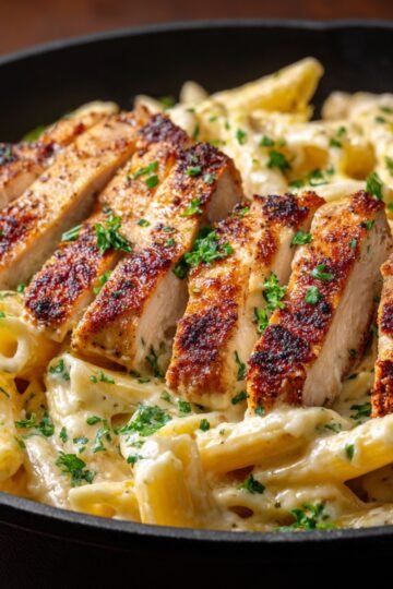 Delicious Garlic Parmesan Chicken Pasta Recipe 14 Close-up of Garlic Parmesan Chicken Pasta Sliced, golden-brown breaded chicken served over creamy penne pasta in a black skillet, garnished with chopped parsley.