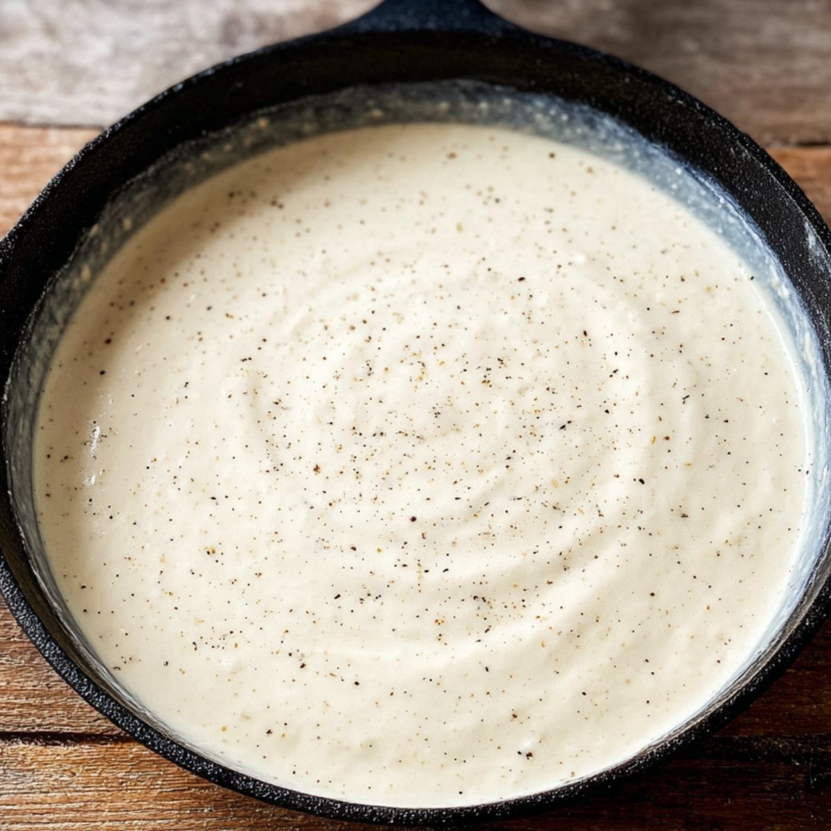 Delicious Garlic Parmesan Chicken Pasta Recipe 11 Close-up of a creamy white sauce seasoned with black pepper simmering in a cast-iron skillet.