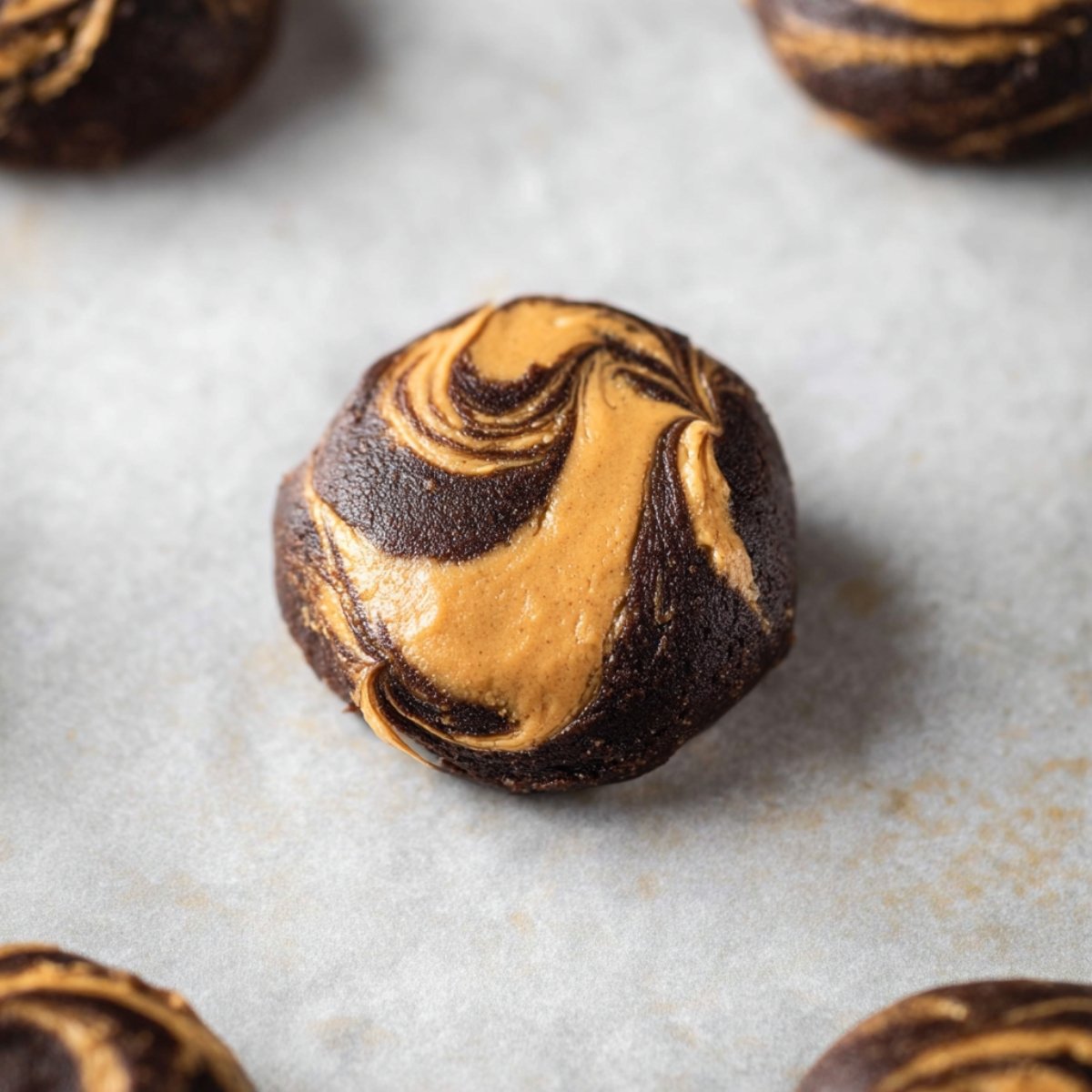 Easy Peanut Butter Swirl Brownie Cookies 11 A close-up of a cookie with a swirl of peanut butter on top, sitting on parchment paper.