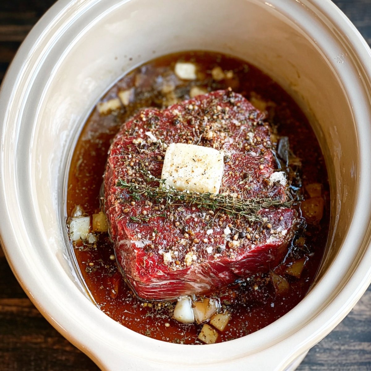 The Best Crockpot French Dip Sandwiches Recipe 10 A raw chuck roast seasoned with spices, a cube of butter, and herbs like thyme in a slow cooker, ready for the addition of liquids.