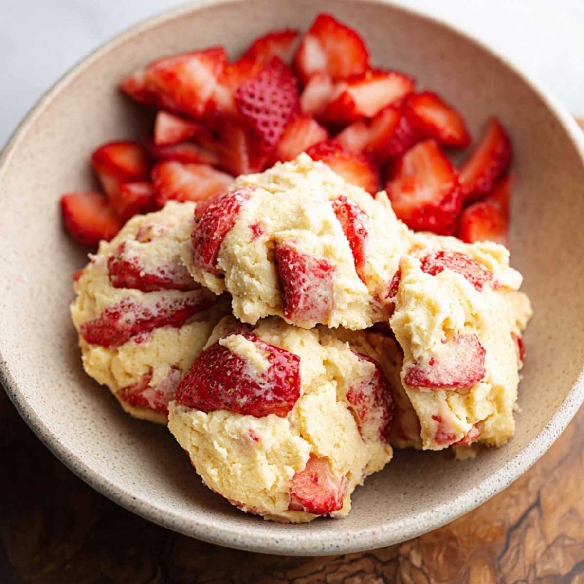 Healthy Strawberry Cheesecake Cookies 11 A bowl with strawberry pieces and three strawberry cheesecake cookies resting on the side.