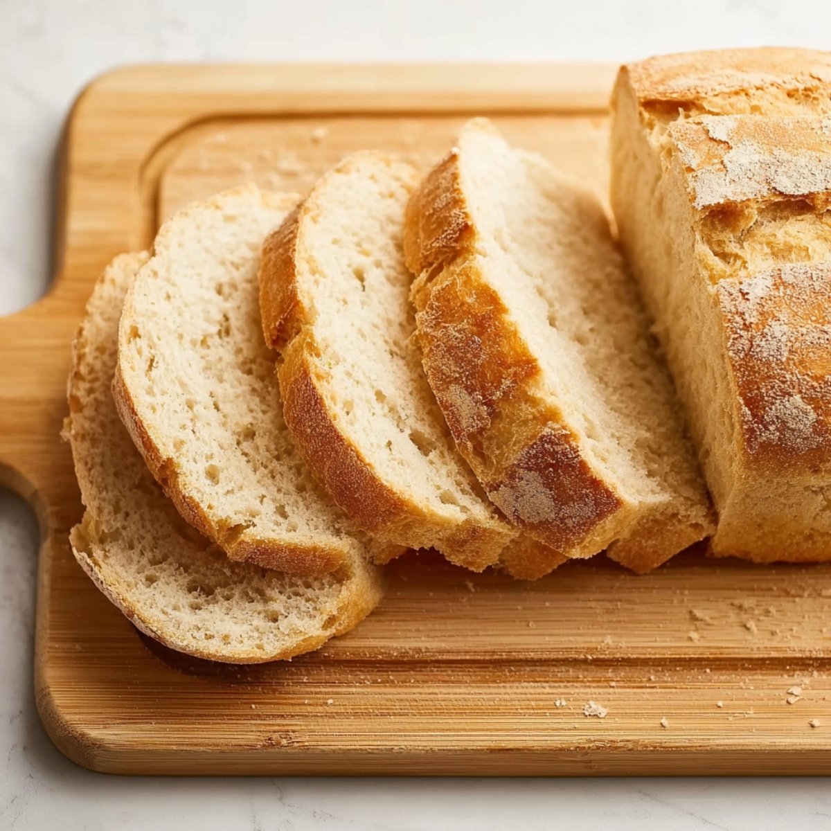 Healthy Avocado Toast Recipe 10 A loaf of freshly baked bread, sliced on a wooden cutting board. The slices have a golden brown crust with a soft, airy interior, showcasing the fresh texture of the bread.