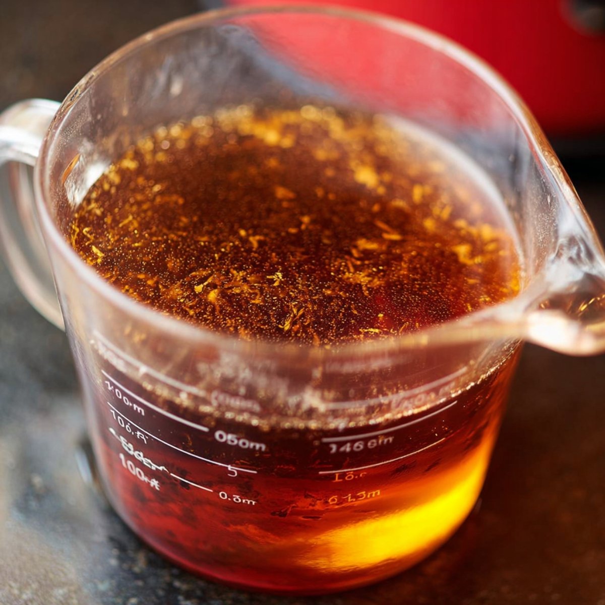 The Best Strawberry Iced Tea Recipe 10 Filtered tea sitting in a measuring container, with tea leaves and floating particles visible in the liquid.