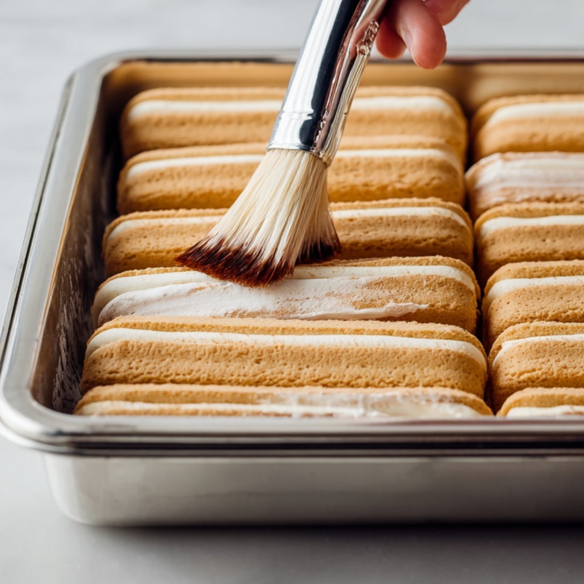 Delicious Raspberry Tiramisu Recipe 11 A hand holding a brush, gently applying espresso to layers of ladyfingers arranged neatly in a baking dish.