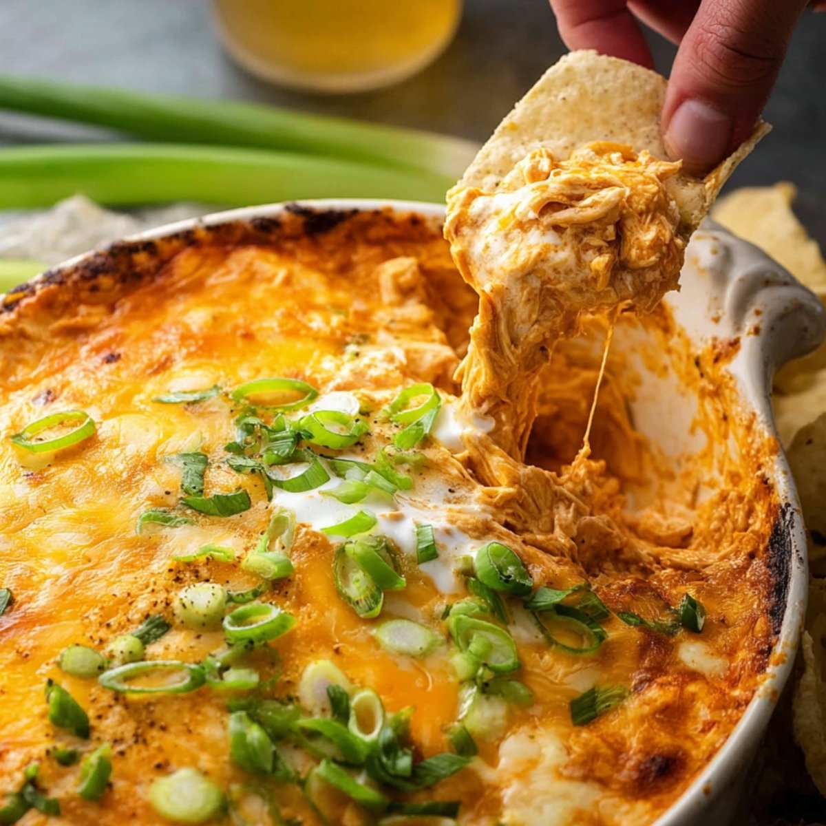 "A hand scooping a cheesy, melty portion of Buffalo Chicken Dip with a crispy tortilla chip, topped with fresh green onions."