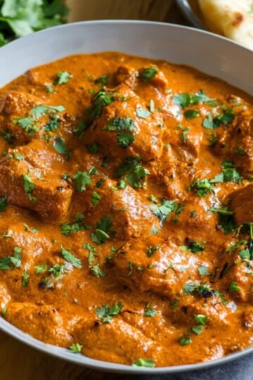 Easy Butter Chicken Recipe 11 A bowl of creamy butter chicken garnished with fresh cilantro, served in a rich tomato-based sauce. The dish features tender chicken pieces with a smooth, spiced gravy. In the background, naan bread is partially visible.