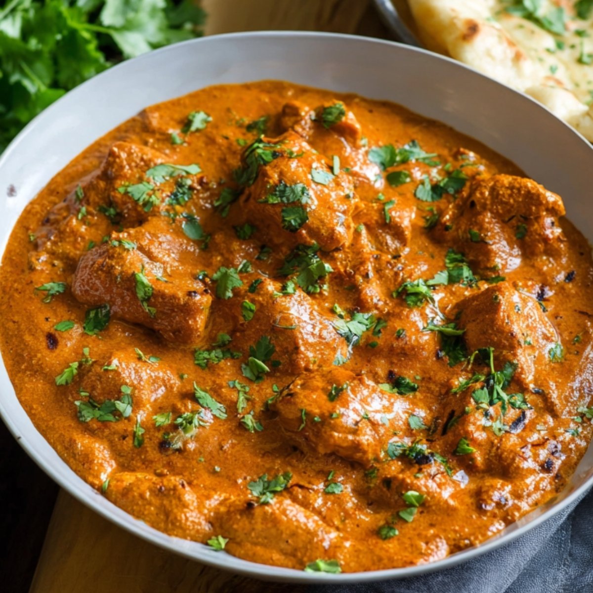 Easy Butter Chicken Recipe 9 A bowl of creamy butter chicken garnished with fresh cilantro, served in a rich tomato-based sauce. The dish features tender chicken pieces with a smooth, spiced gravy. In the background, naan bread is partially visible.