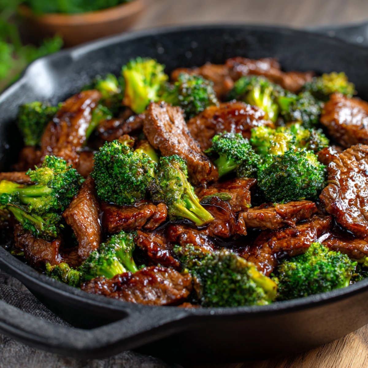 Close up of Chinese Beef and Broccoli cooking in a pan with a rich, dark sauce being poured over the beef. The sauce is glistening and thick, mixing with the beef and enhancing the rich color of the dish. The scene is full of vibrant textures, with the sauce and herbs creating a burst of flavor in every piece of meat.