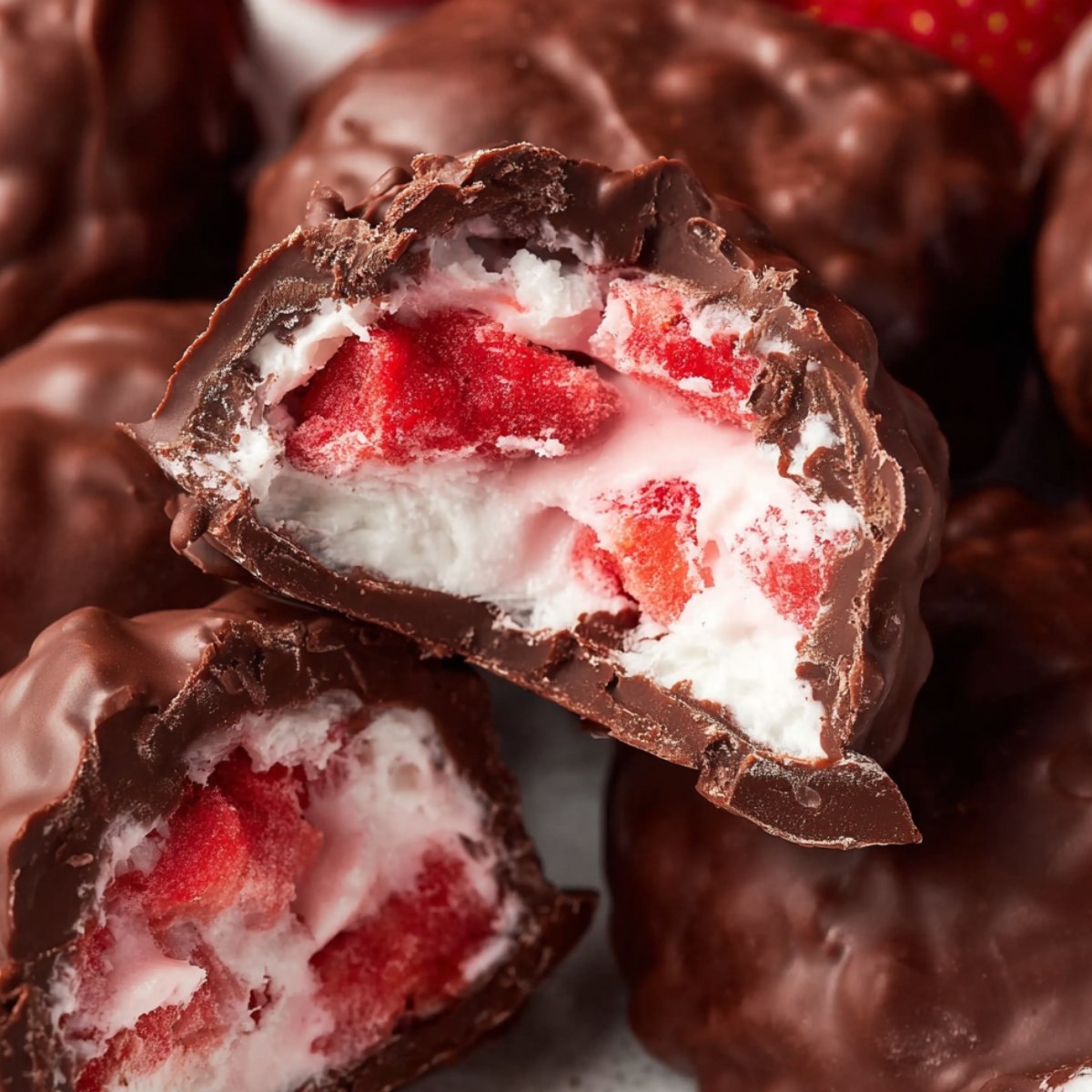 Healthy Chocolate Strawberry Yogurt Clusters 9 Close up of a Chocolate Strawberry Yogurt Clusters, showing a bite taken out revealing the creamy yogurt and vibrant red strawberries inside, surrounded by a glossy layer of dark chocolate.