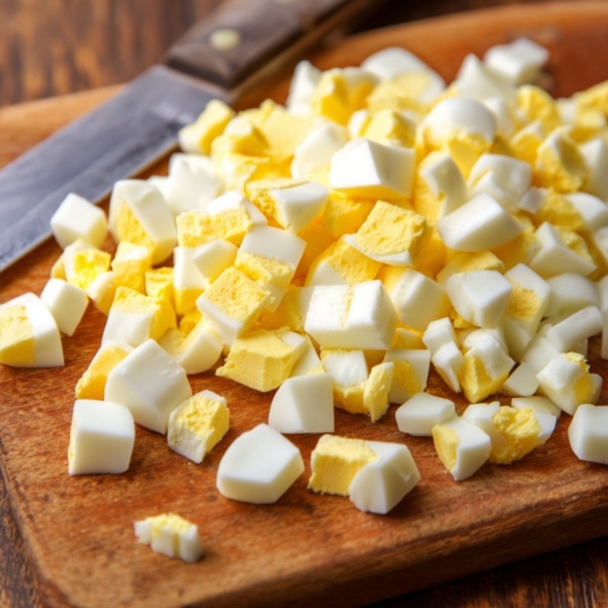 Healthy Egg Mayo Sandwich Recipe 10 Close-up shot of freshly chopped hard-boiled eggs on a wooden cutting board, with yellow yolk and white egg pieces scattered around, a knife placed beside them.
