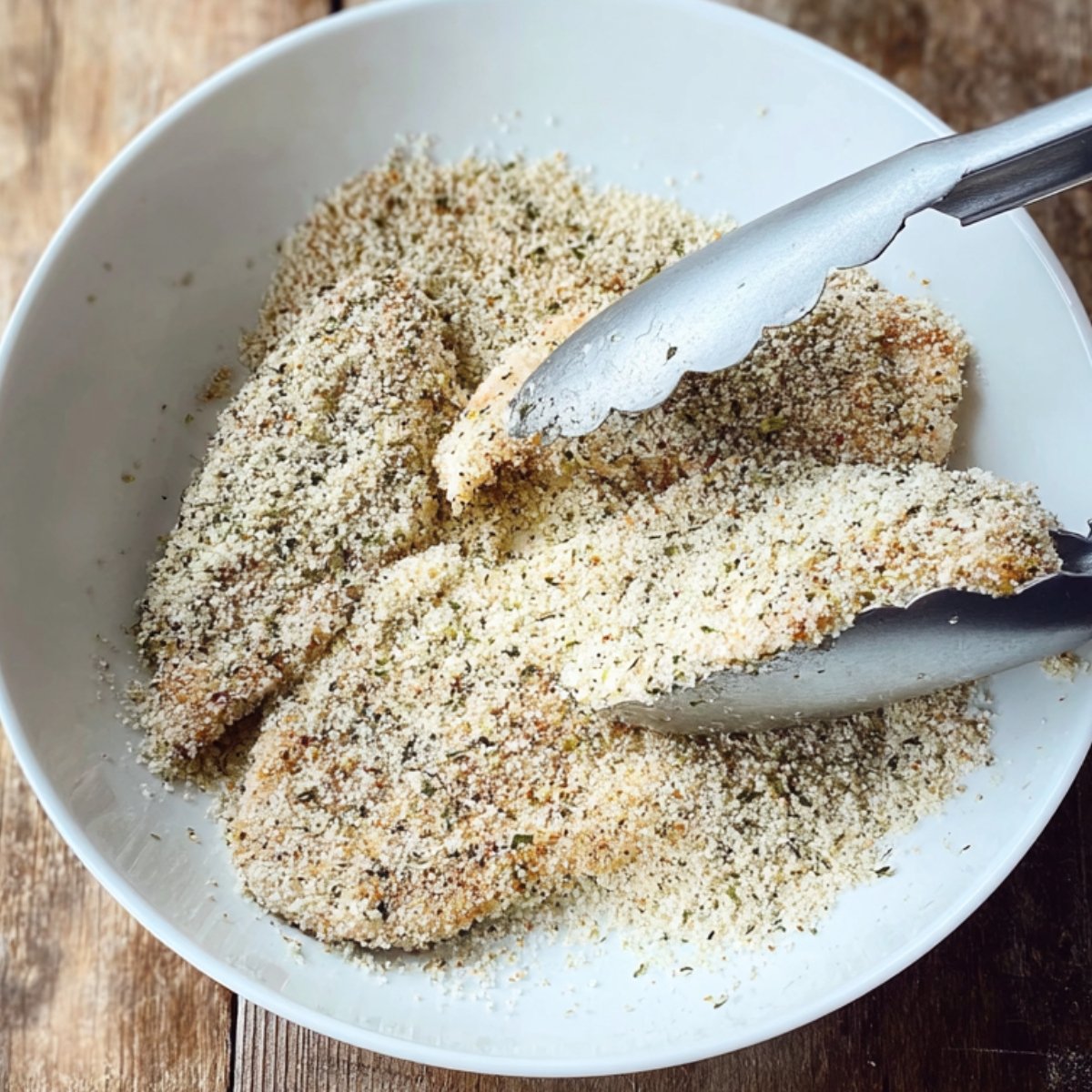 Delicious Garlic Parmesan Chicken Pasta Recipe 10 Raw chicken strips being coated in seasoned breadcrumbs in a white bowl using metal tongs.