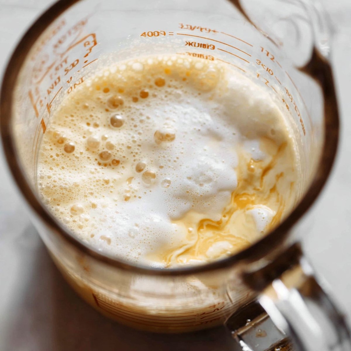 Easy Oreo Poke Cake Recipe 11 Close-up of a glass measuring cup with wet ingredients being combined, including eggs, milk, and vanilla extract. The ingredients are foamy with bubbles forming at the top, showing the liquid mixture blending together.