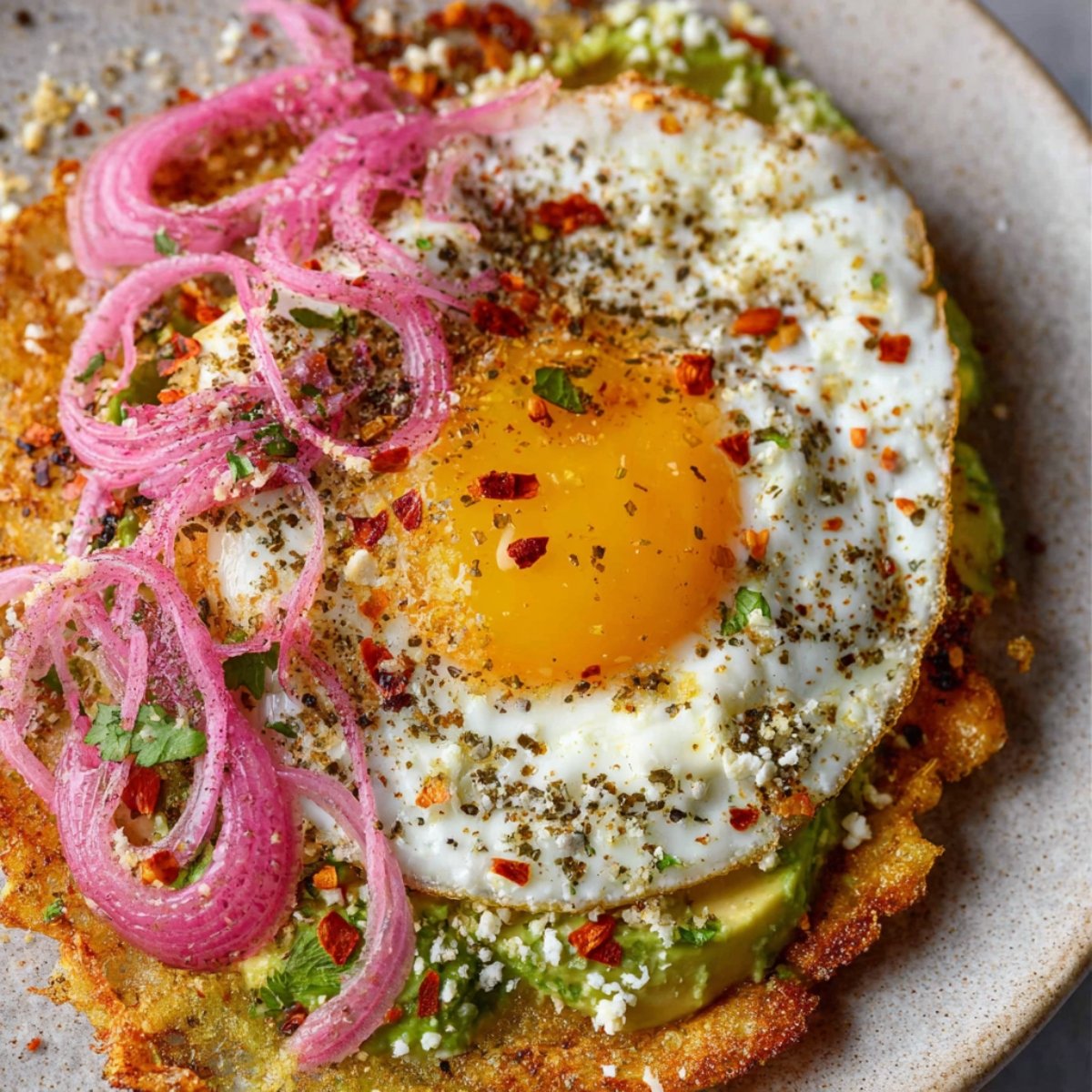 Close-up of a Crispy Feta Fried Eggs with a golden yolk on a tortilla, garnished with pickled red onions, chili flakes, cilantro, and crumbled feta, placed on a bed of creamy avocado.