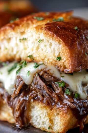 The Best Crockpot French Dip Sandwiches Recipe 16 A close-up of a Crockpot French Dip Sandwiches made with tender, shredded beef, melted cheese, and toasted bread, garnished with parsley.