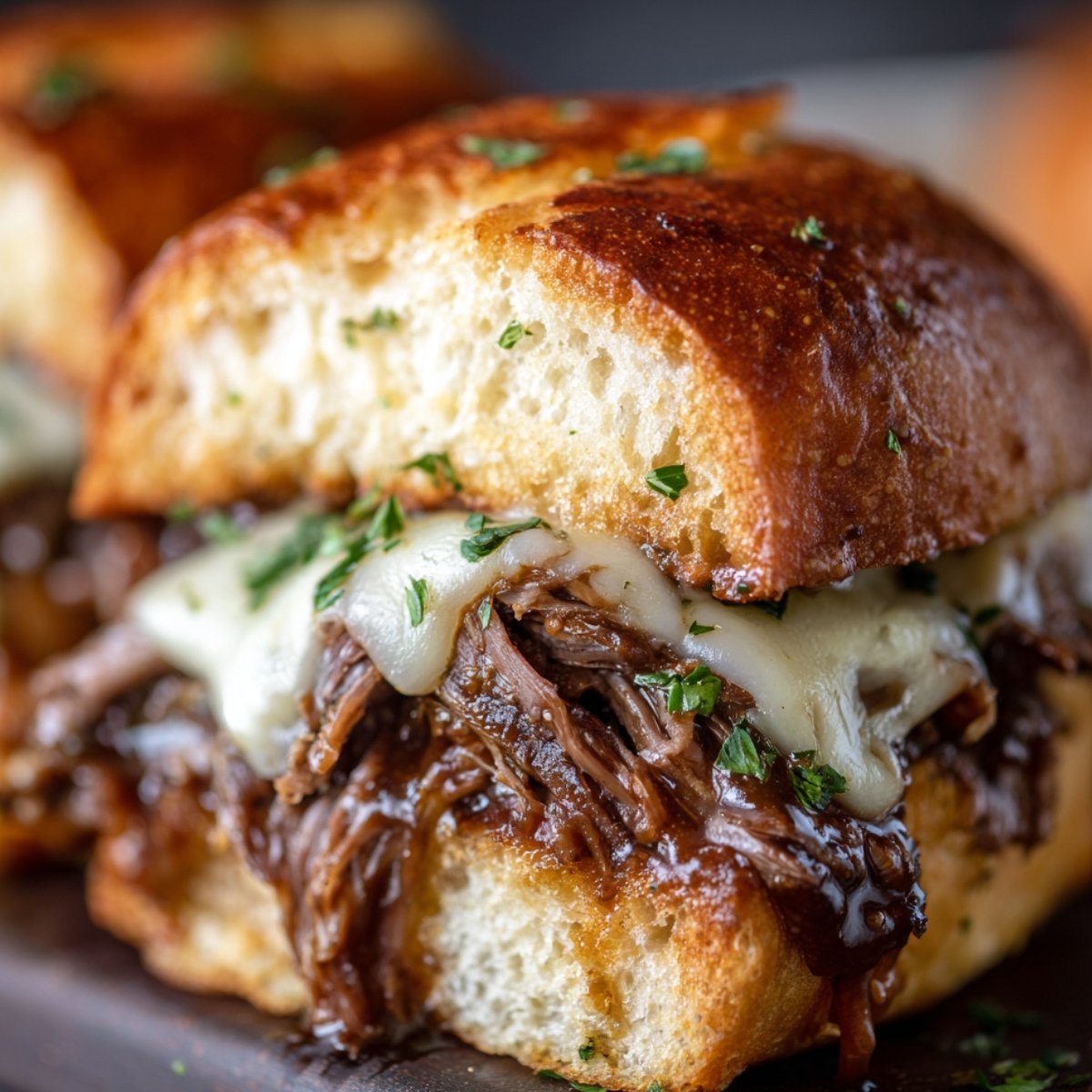 A close-up of a Crockpot French Dip Sandwiches made with tender, shredded beef, melted cheese, and toasted bread, garnished with parsley.