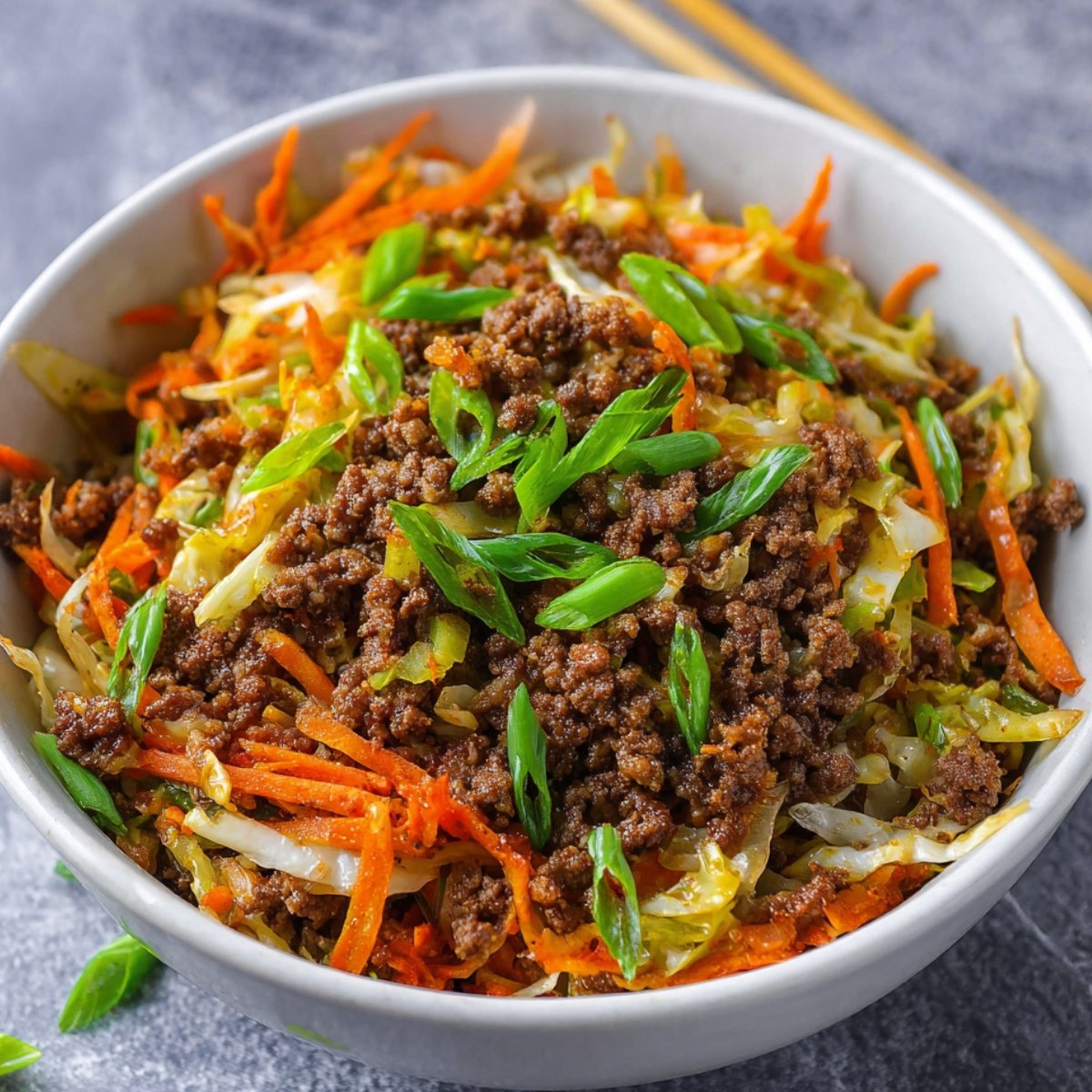 Egg Roll in a Bowl of cooked ground beef mixed with shredded cabbage and carrots, garnished with sliced green onions.