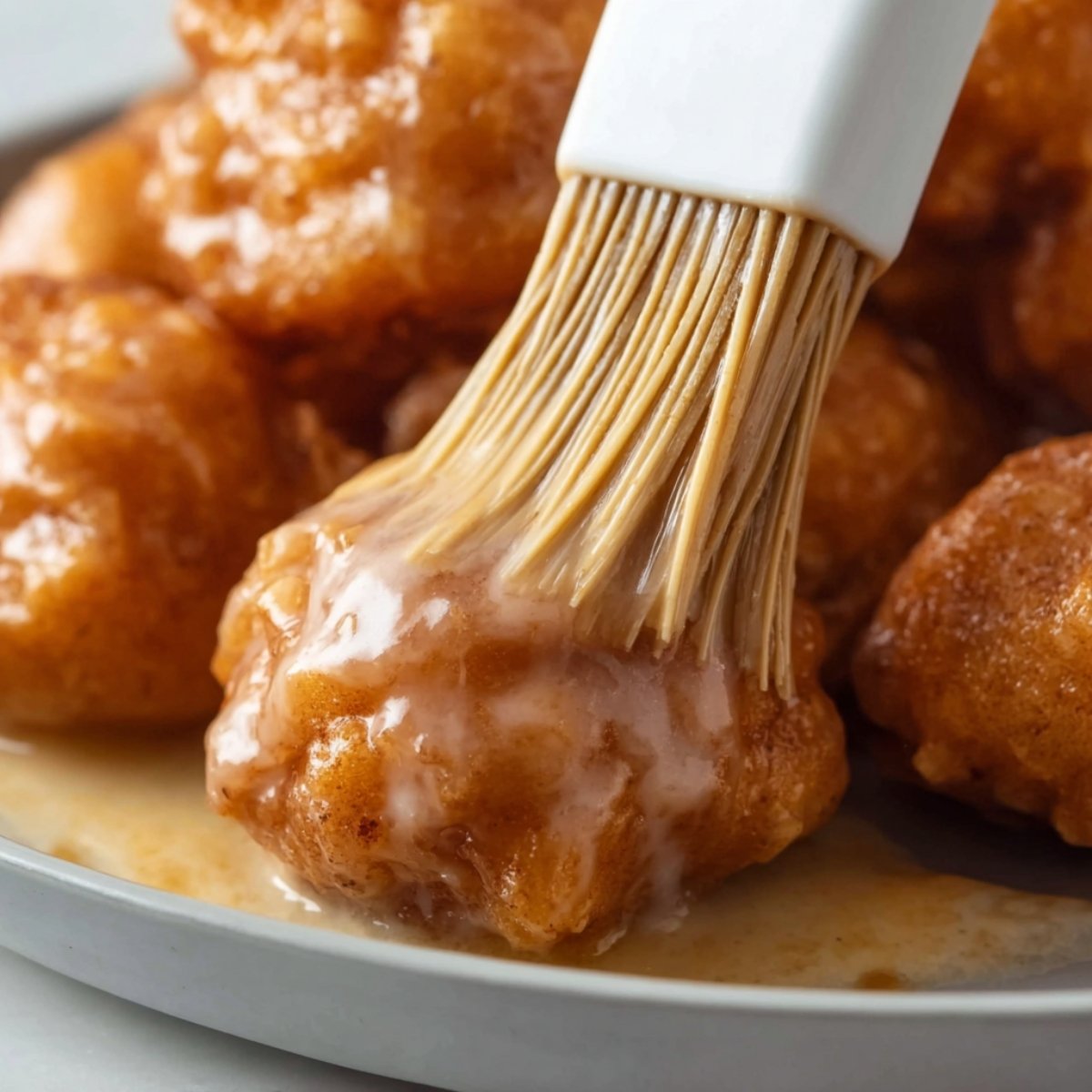 Delicious Apple Fritter Bites Recipe 11 Close-up of apple fritter bites being brushed with a sweet glaze, adding a shiny, delicious finish to each bite.