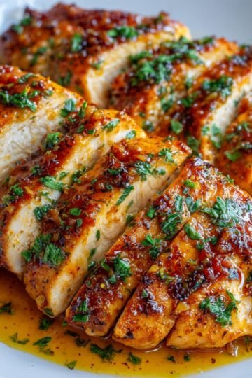 Healthy Garlic Butter Chicken Recipe 13 Sliced, juicy Garlic Butter Chicken breasts topped with a glossy garlic butter sauce and sprinkled with fresh parsley.