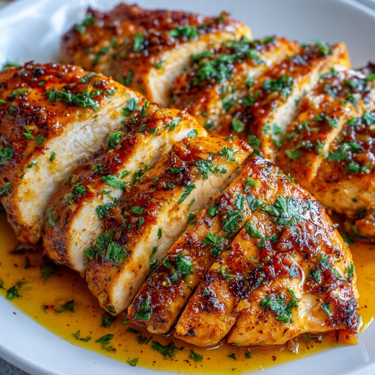 Sliced, juicy Garlic Butter Chicken breasts topped with a glossy garlic butter sauce and sprinkled with fresh parsley.