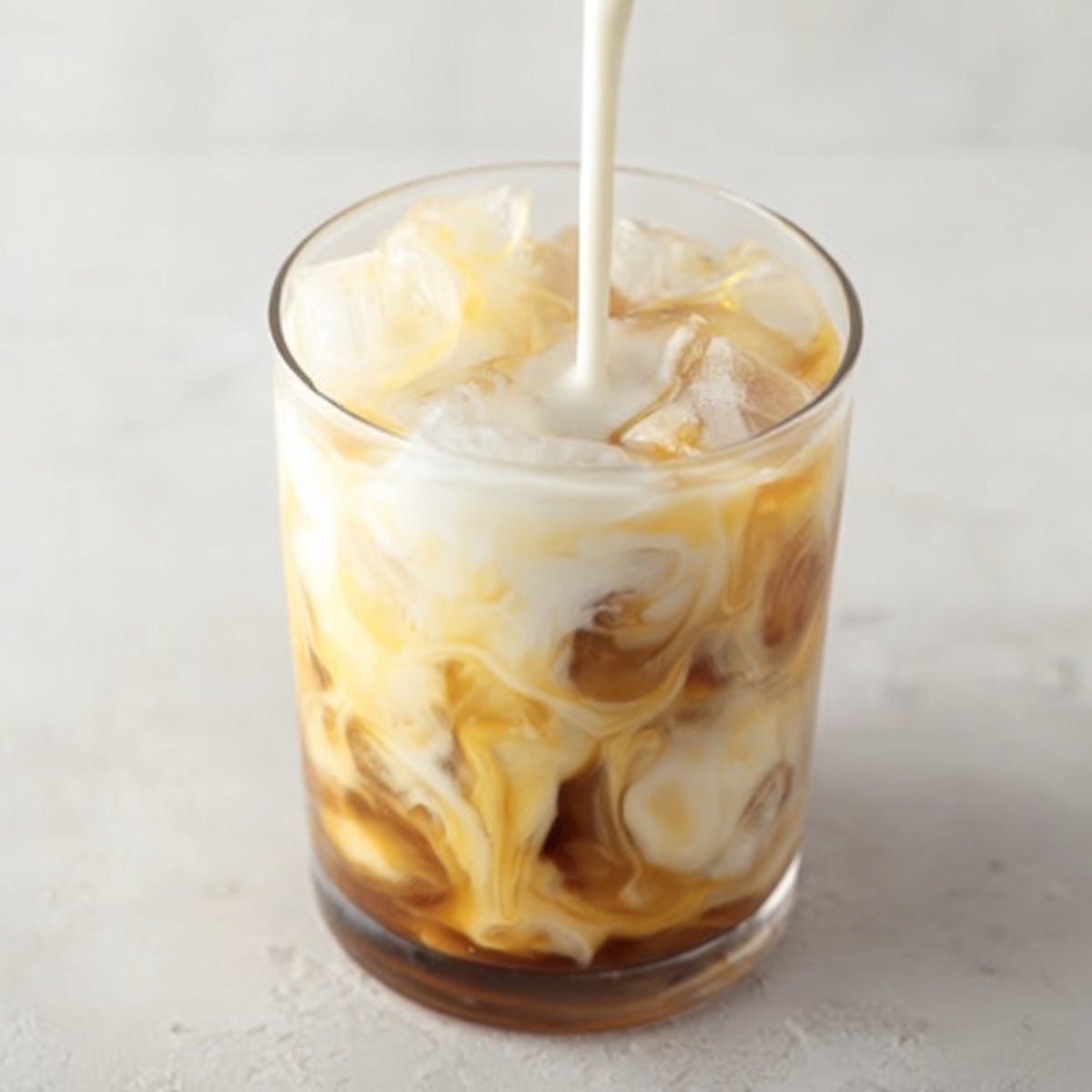 Easy Salted Caramel White Russian Cocktail 11 Close-up of a glass filled with ice, coffee, and caramel syrup, as milk is being poured over the top. The milk mixes with the caramel and coffee, creating a beautiful swirl effect in the glass. The ice cubes are visible as the drink is being prepared, emphasizing the creamy and indulgent nature of the beverage. The background is neutral and soft, drawing attention to the layers of the drink.