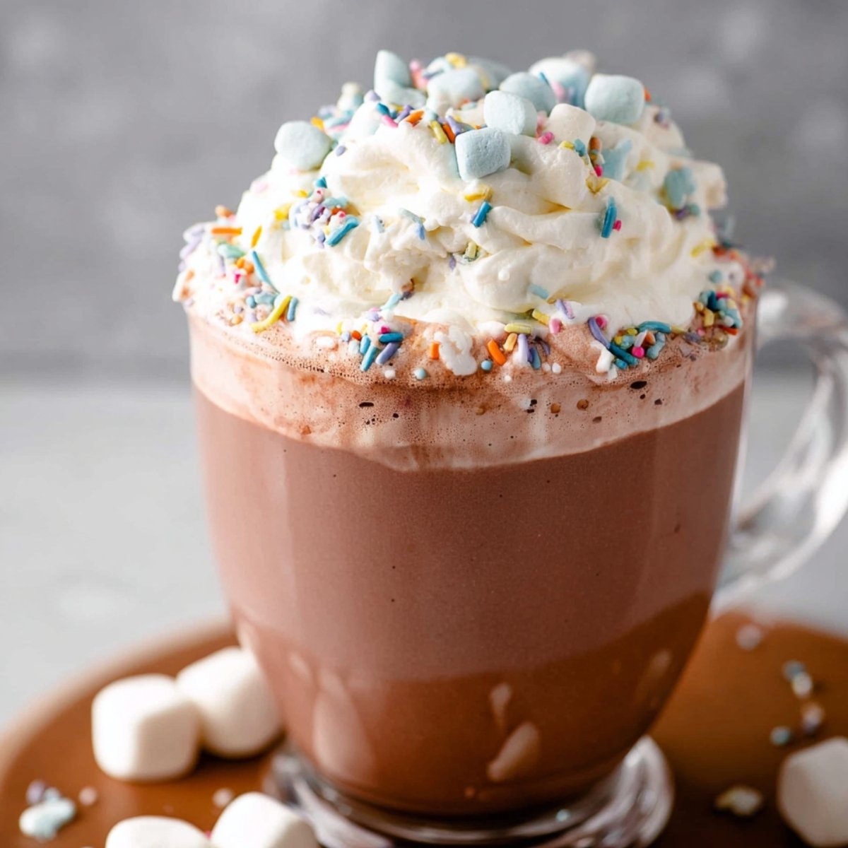 Easy Whipped Hot Chocolate Recipe 11 Close up of a hot chocolate drink topped with whipped cream, mini marshmallows, and colorful sprinkles. The whipped cream is fluffy and overflows from the mug, creating a festive and inviting appearance.