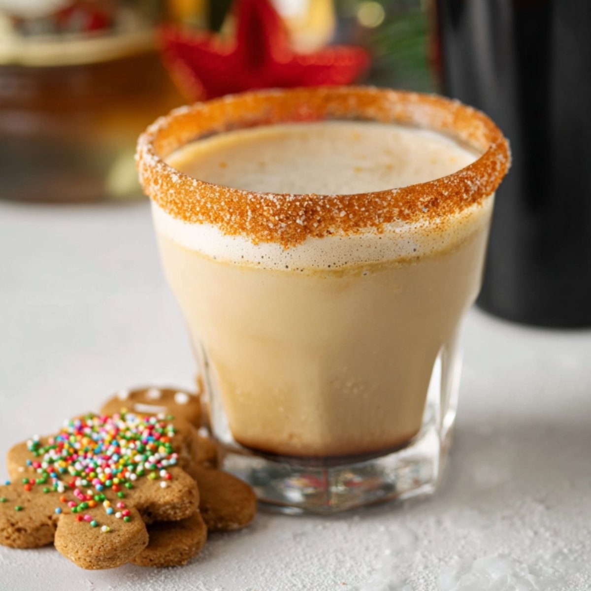 Close up of a Gingerbread White Russian-flavored white Russian in a glass, with a cinnamon-sugar rim. The creamy, frothy beverage is topped with a light foam, and a gingerbread cookie rests beside the glass, complete with colorful sprinkles. The festive, cozy atmosphere is enhanced by a holiday-themed backdrop.