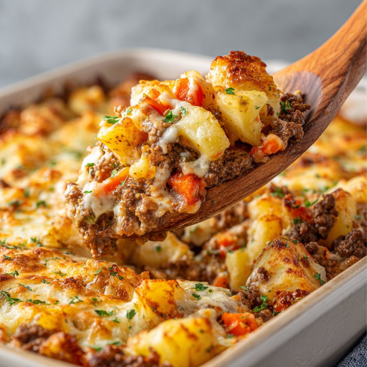 A close-up shot of Hobo Casserole a spoon lifting a serving of a casserole with ground beef, potatoes, carrots, and melted cheese, garnished with herbs.