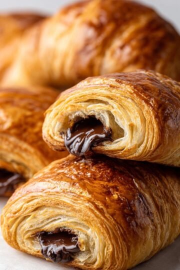 Quick Homemade Chocolate Croissants Recipe 2 Close-up of freshly baked Homemade Chocolate Croissants, with layers of golden, flaky pastry and visible melted chocolate oozing from the inside.