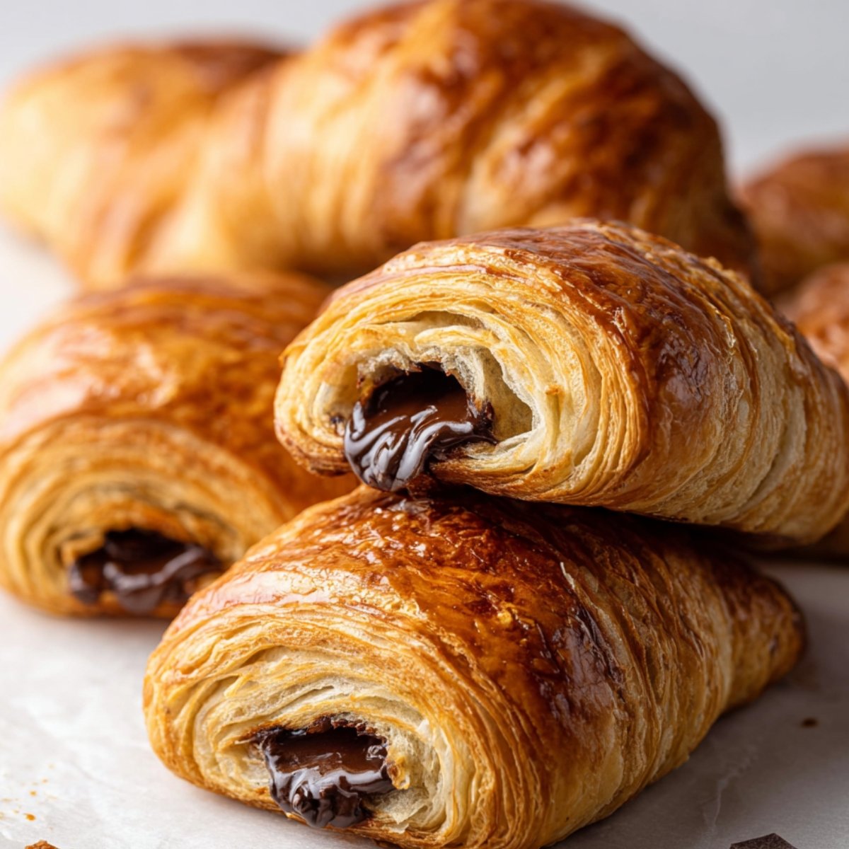 Close-up of freshly baked Homemade Chocolate Croissants, with layers of golden, flaky pastry and visible melted chocolate oozing from the inside.