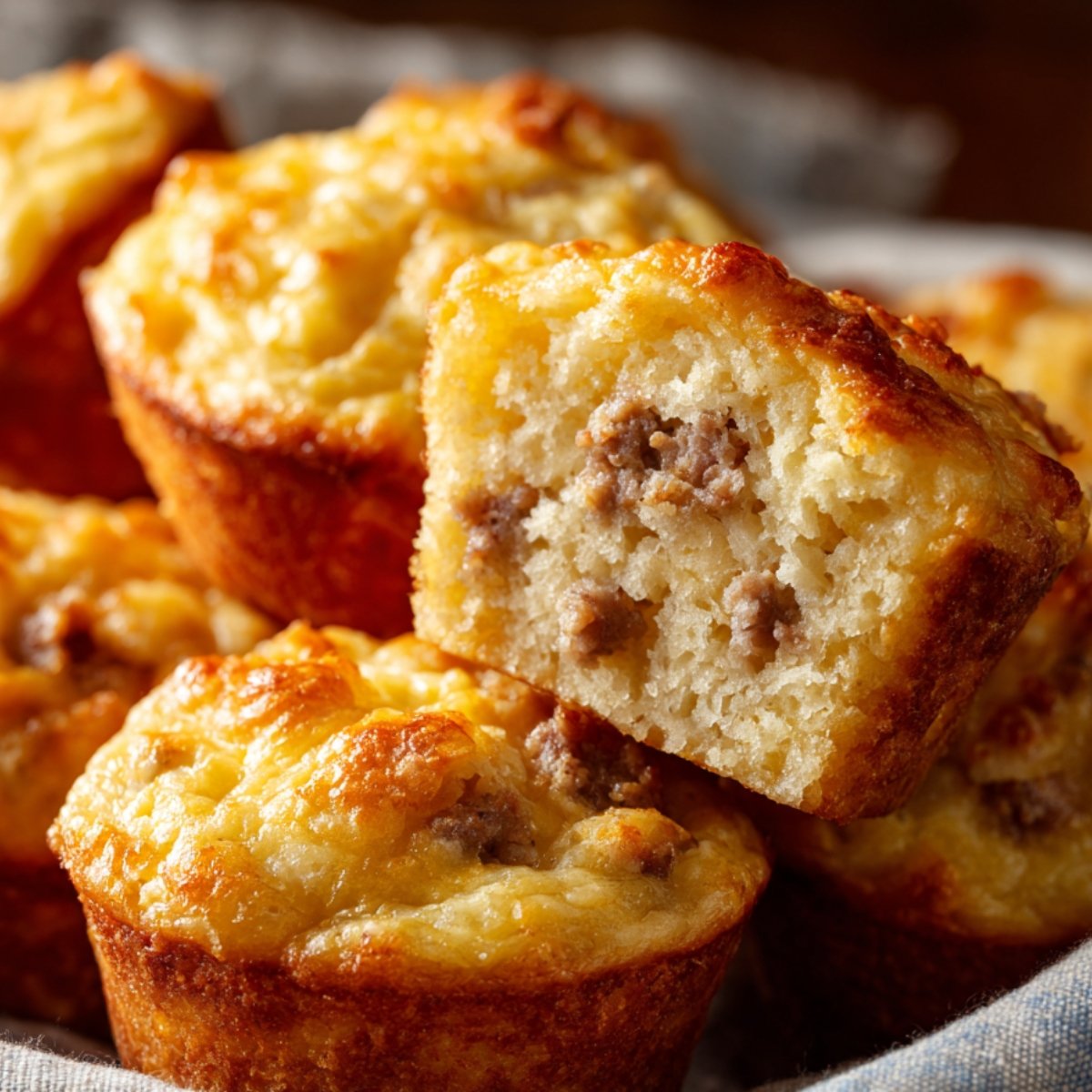 Easy Homemade McGriddle Muffins Recipe 9 A close-up of freshly baked Homemade McGriddle Muffins, golden and fluffy with bits of sausage throughout. One muffin is sliced open, revealing its soft and moist interior with savory sausage pieces.