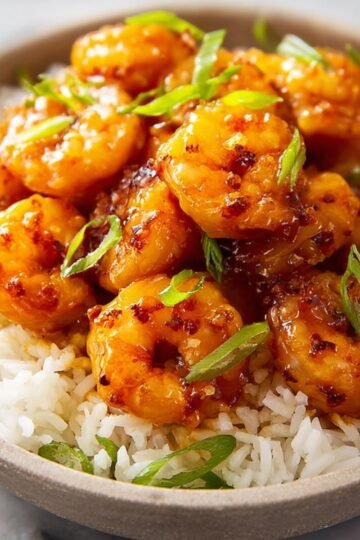 Delicious Honey Garlic Shrimp Recipe 8 Honey garlic shrimp served on a bed of white rice, garnished with chopped green onions.