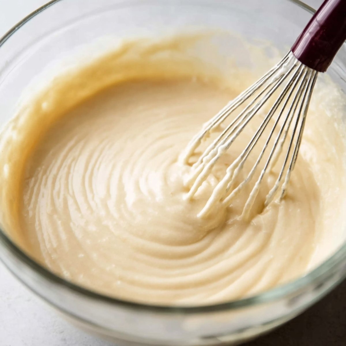 Delicious Snickerdoodle Cake Recipe 10 Close up of a smooth and creamy cake batter being whisked in a glass mixing bowl. The batter is light and slightly thick, with gentle ripples left by the whisk.