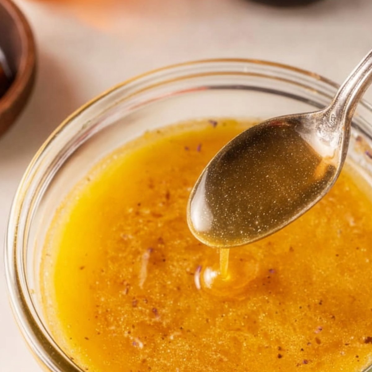 Easy Baked Ham And Cheese Croissants Recipe 10 Close-up of honey butter glaze in a bowl, ready to be drizzled over baked croissants for a perfect finishing touch.