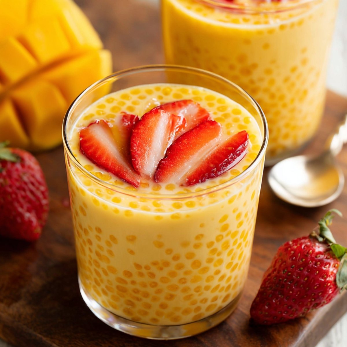 A delicious serving of mango tapioca pudding in a glass cup, topped with fresh strawberry slices. The pudding features smooth, golden-yellow tapioca pearls, creating a tropical dessert.