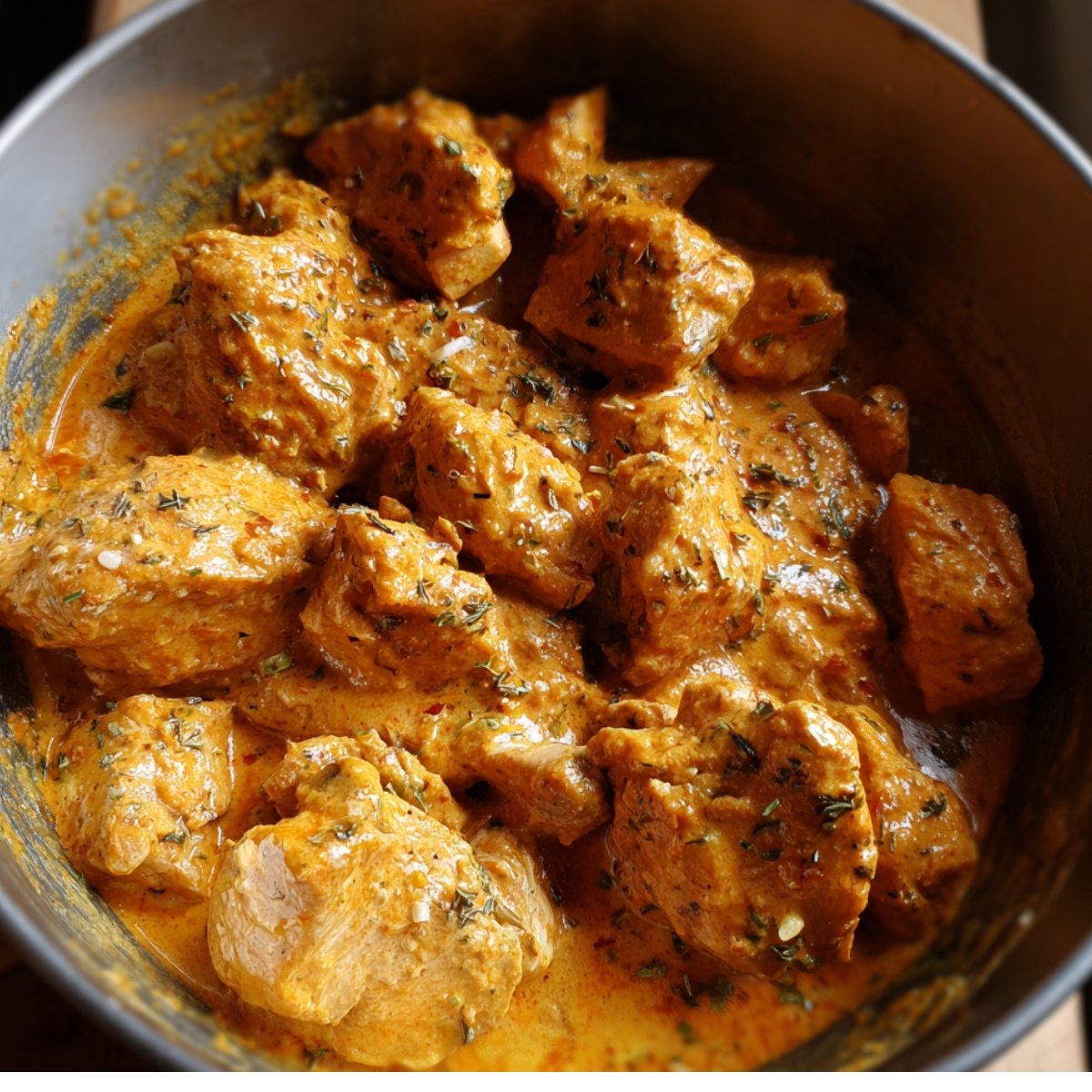 Easy Butter Chicken Recipe 10 A close-up of chicken pieces coated in a rich, creamy marinade, featuring a vibrant mix of spices. The chicken is fully coated and ready for cooking in a flavorful sauce.
