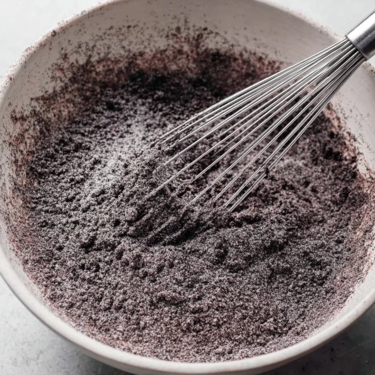 Healthy Oreo Cupcakes Recipe 10 A close-up view of a bowl with dry ingredients being whisked, with a fine powdery texture and a whisk stirring the mixture.