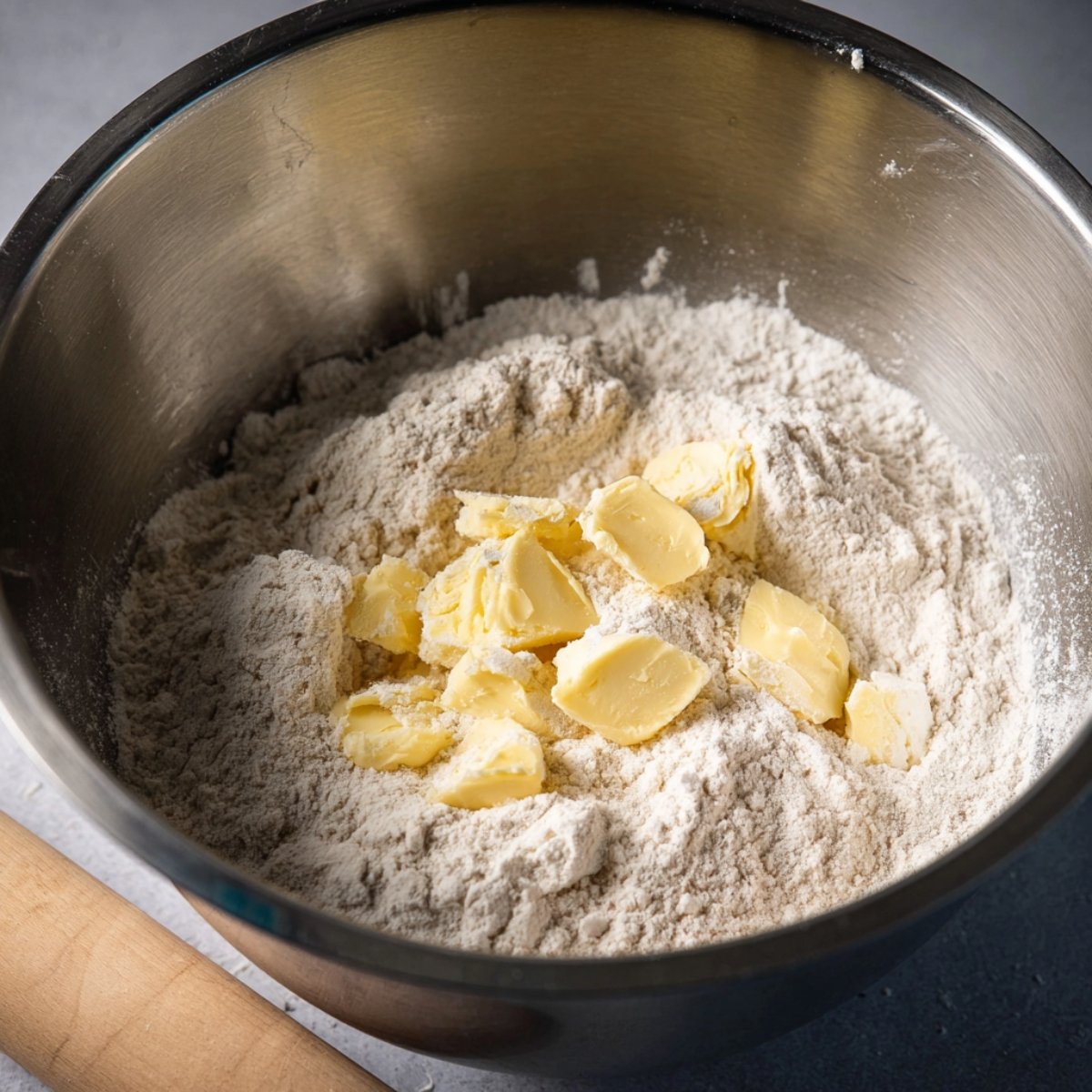 Quick Homemade Chocolate Croissants Recipe 10 A metal mixing bowl with flour and chunks of butter, ready to be mixed to form dough, with a rolling pin in the foreground.