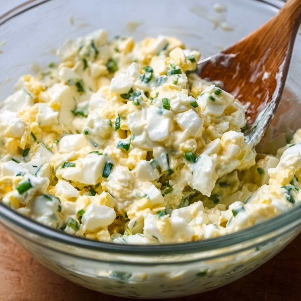 Healthy Egg Mayo Sandwich Recipe 11 Close-up of a mixing bowl filled with chopped hard-boiled eggs, mayonnaise, and chopped green herbs. The ingredients are being mixed with a spoon, creating a creamy and well-combined texture.