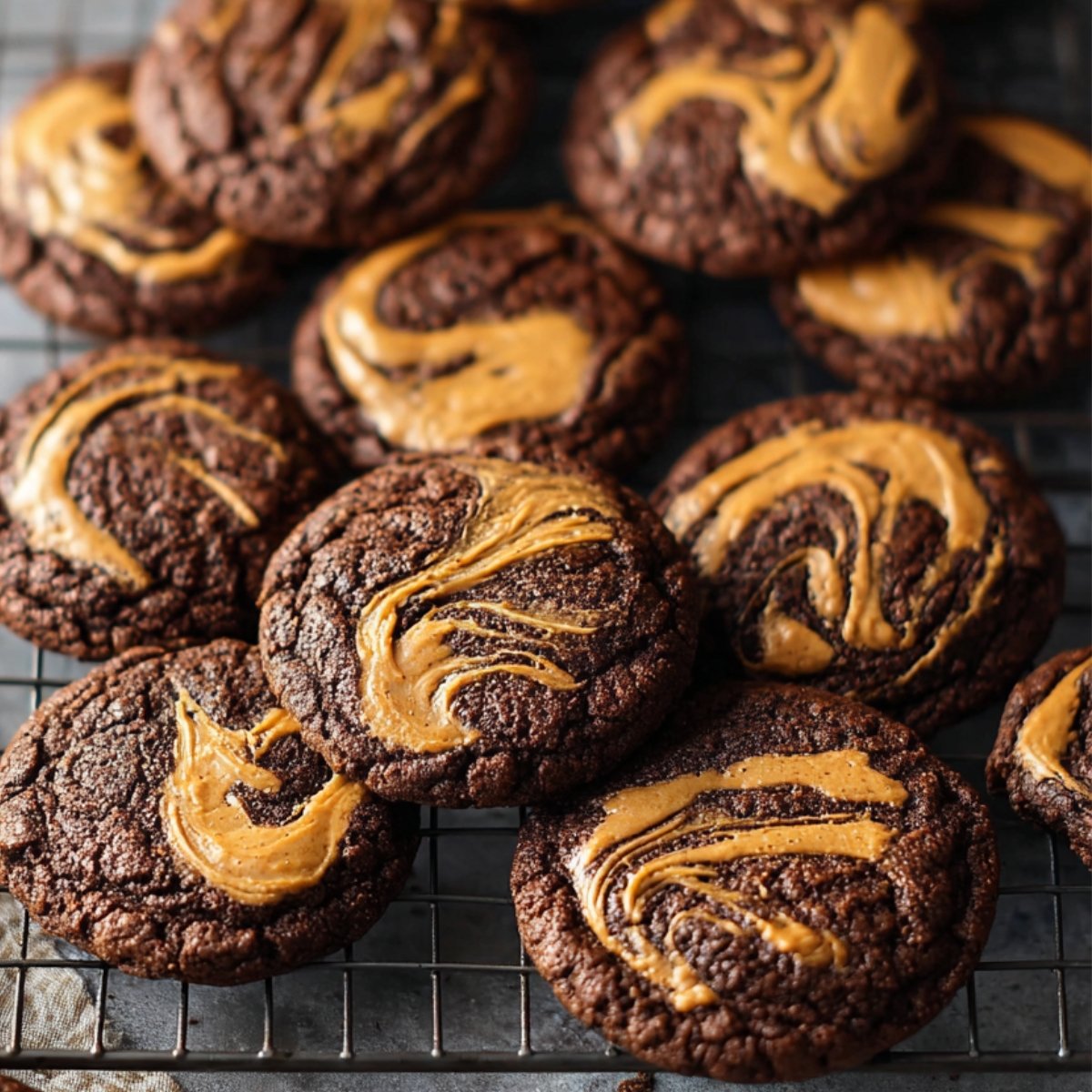 A batch of freshly baked cookies with a Peanut Butter Swirl Brownie Cookies, cooling on a wire rack.