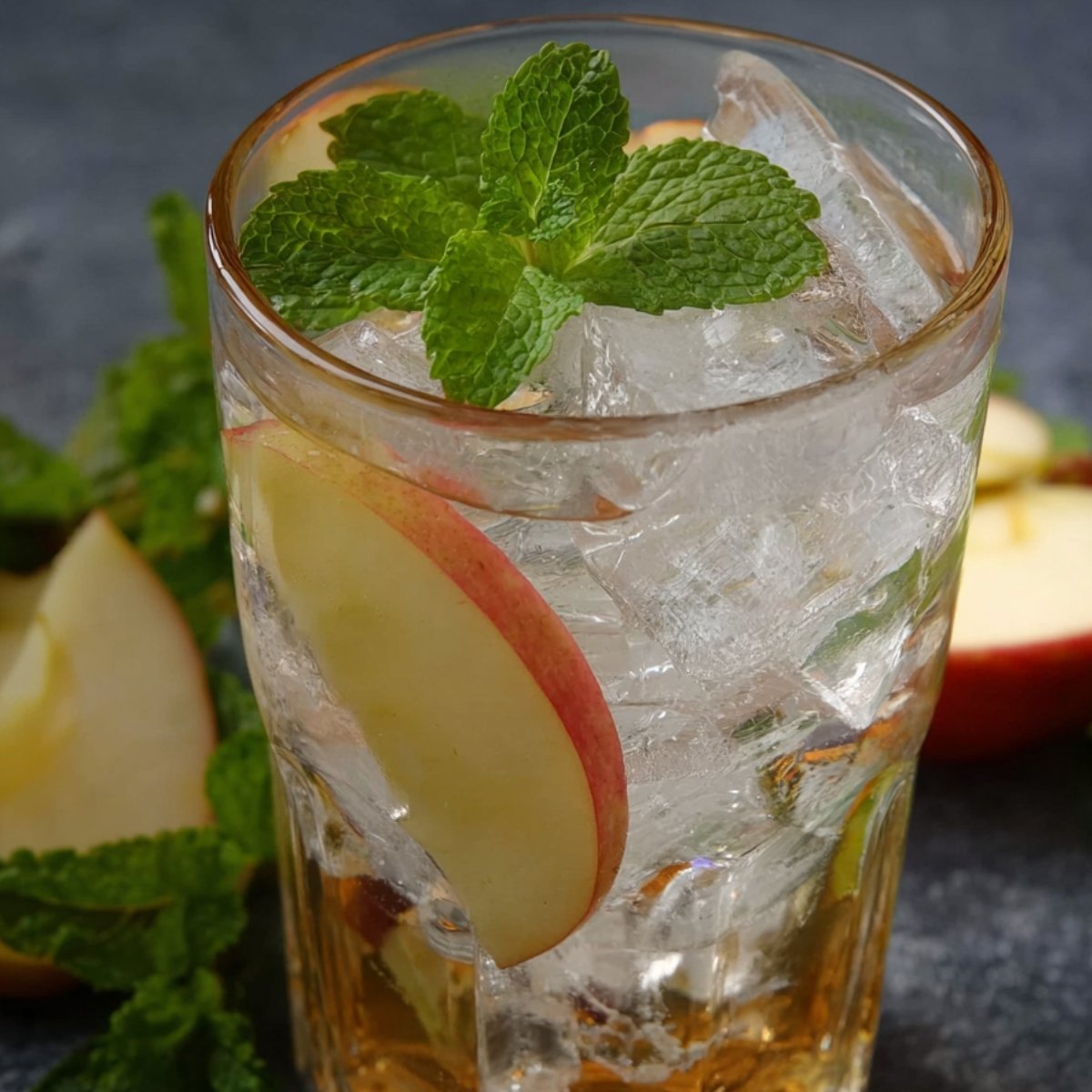 Healthy Apple Iced Tea Recipe 11 Close-up of a refreshing glass of apple iced tea, filled with ice, fresh apple slices, and topped with a mint sprig. The perfect cool drink for a warm day.