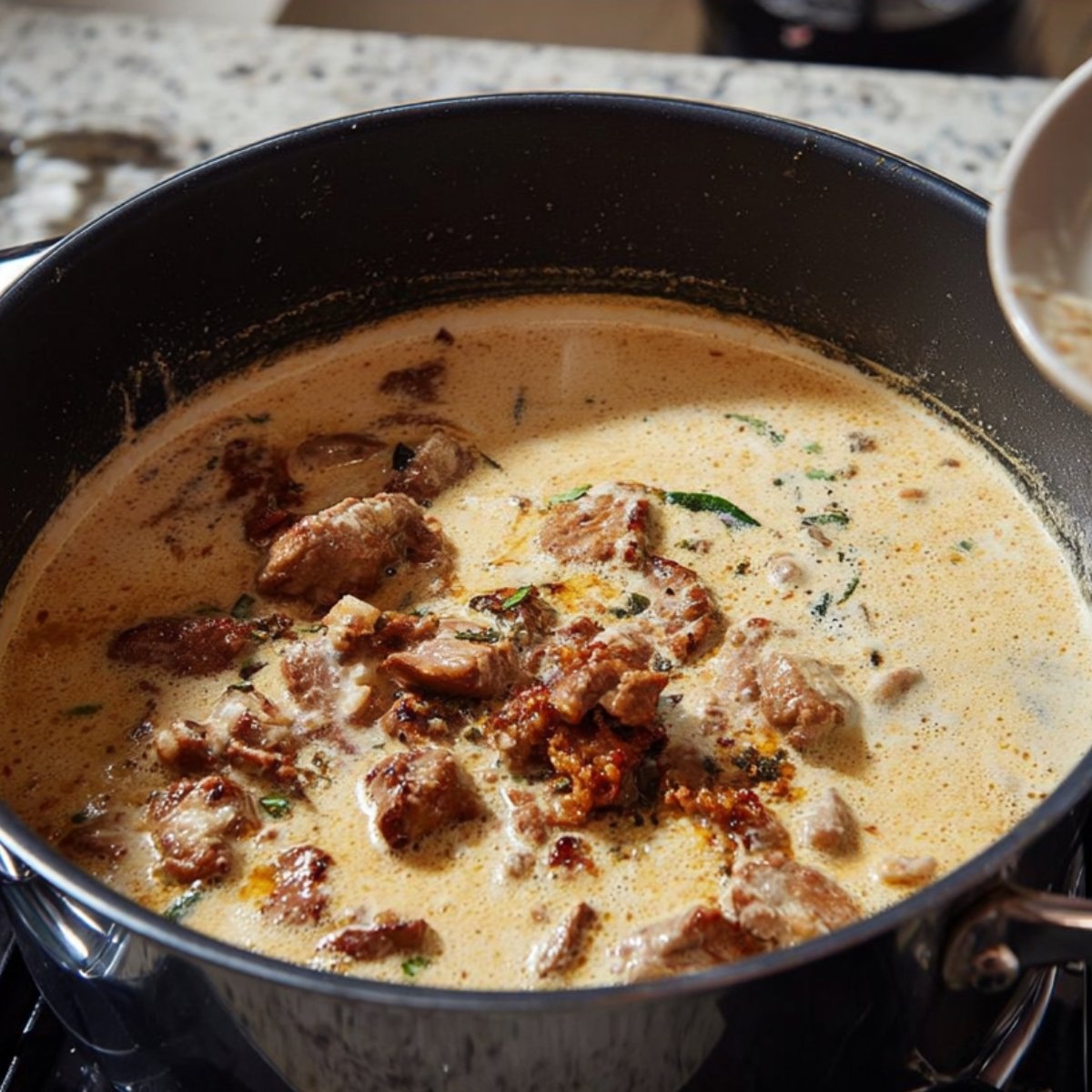 Easy Smothered Chicken And Rice Recipe 11 A close-up shot of beef chunks in a creamy sauce, simmering in a black pan, with herbs and seasonings visible. The sauce appears thick and rich, with pieces of browned meat.