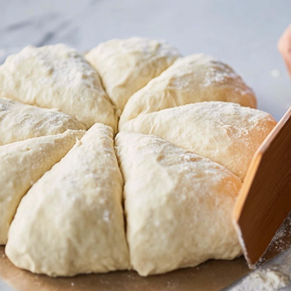 The Best Cinnamon Sugar Soft Pretzel Bites 11 Close-up of dough divided into sections, ready to be shaped and prepared for the baking soda bath before being baked into soft pretzels.