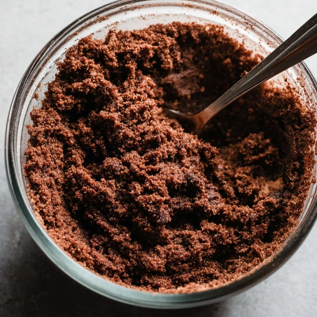 Delicious Snickerdoodle Cake Recipe 11 Close up of a cinnamon-sugar mixture in a glass bowl. The texture is crumbly and sandy, with the rich combination of brown sugar, cinnamon, and other ingredients, ready to be swirled into the cake.