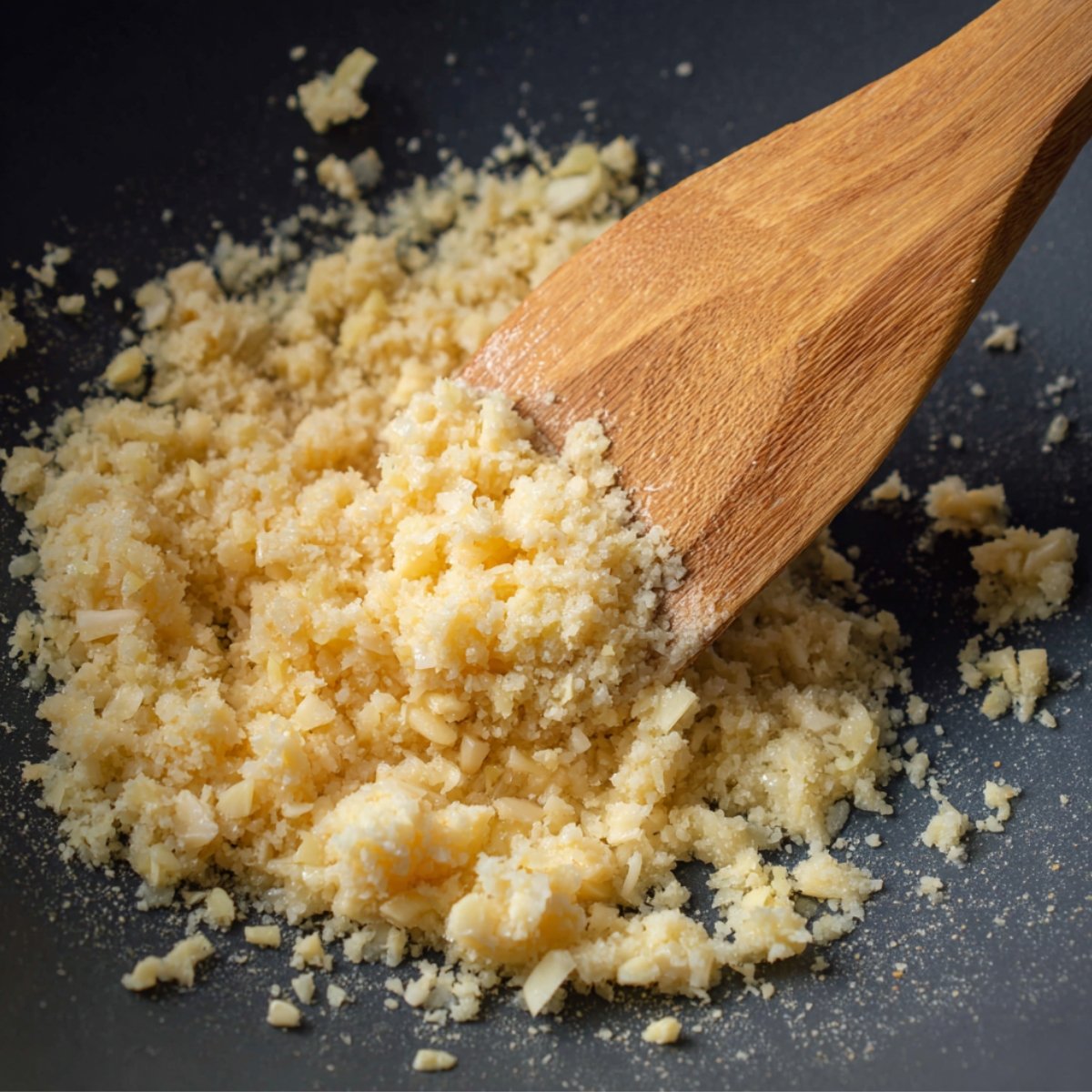 Easy Butter Chicken Recipe 11 Close-up shot of finely minced or grated garlic cooking in a pan, with a wooden spatula stirring it. The garlic is in the early stages of being sautéed, likely for flavoring a dish.