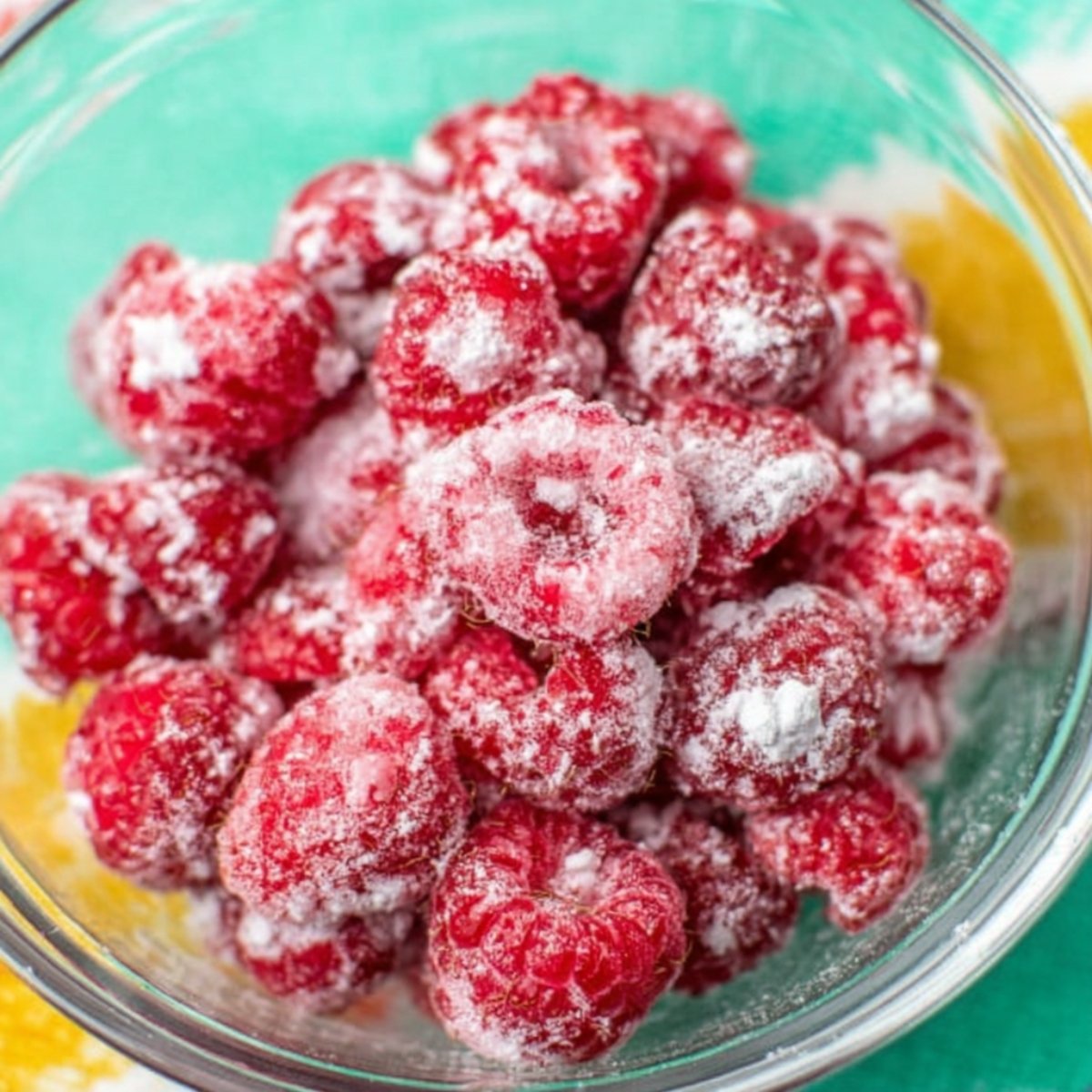 Delicious Raspberry Danish Recipe 10 A close up of fresh raspberries coated in a dusting of powdered sugar, resting in a glass bowl. The vibrant red berries stand out against the light sugar coating, giving them a fresh, sweet look.