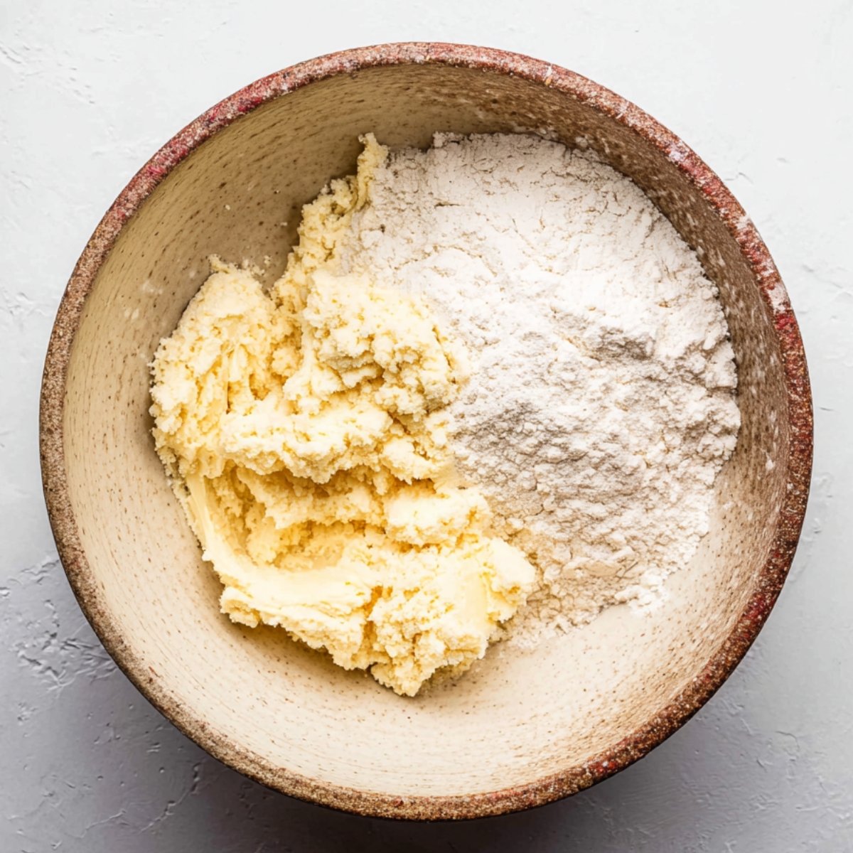Healthy Strawberry Cheesecake Cookies 10 A mixture of butter and flour in a bowl, which looks to be the base for the cookie dough.