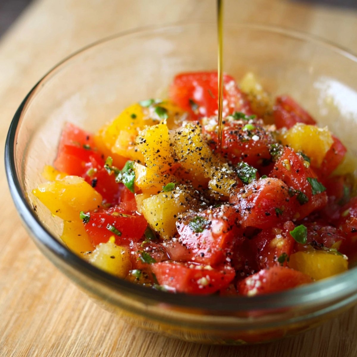 The Best Tomato Bruschetta Recipe 10 A close-up of diced tomatoes mixed with herbs, pepper, and olive oil, in a glass bowl, ready to be used for a topping.