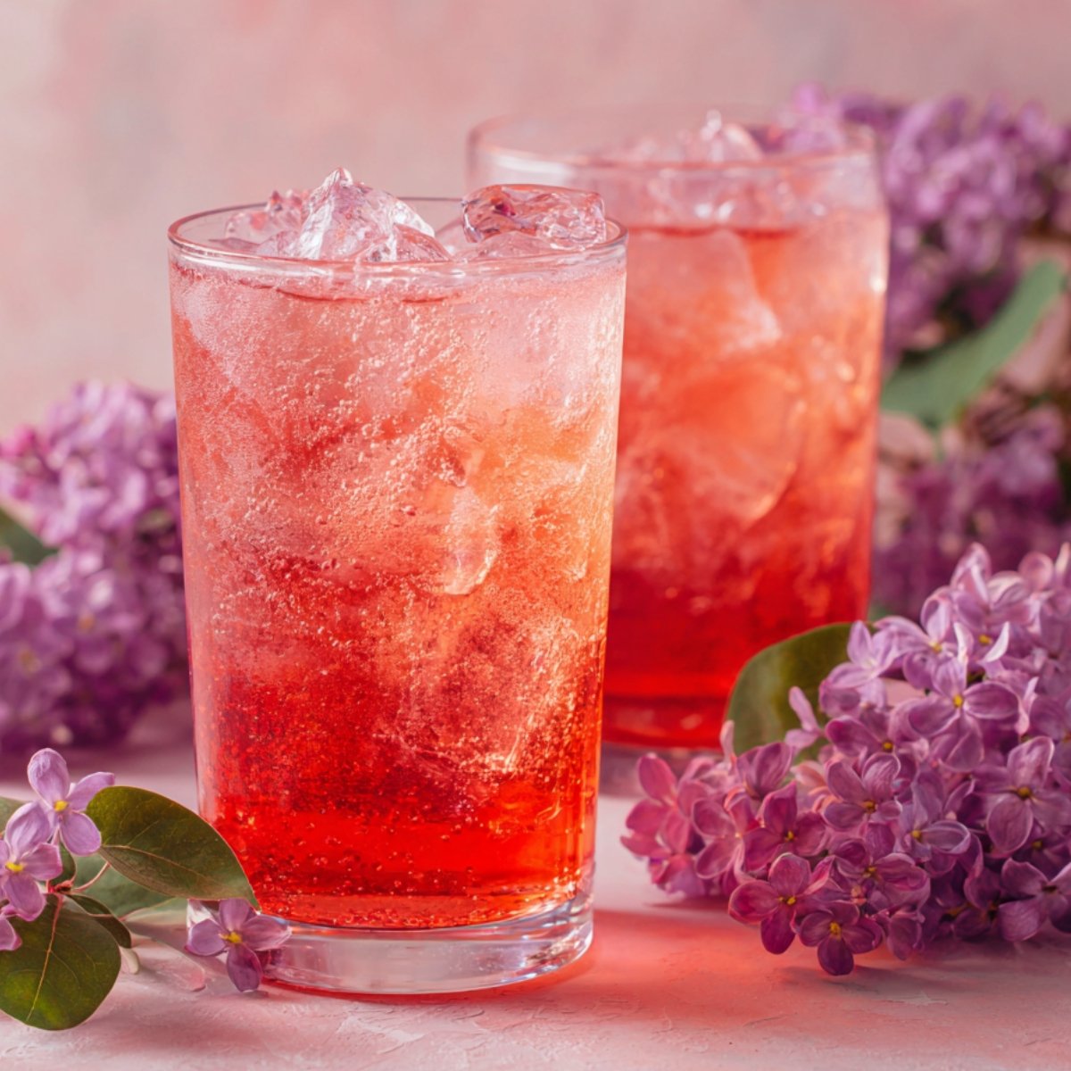 The Best Italian Cream Soda Recipe 10 Two glasses of an icy red beverage with a fizzy texture, surrounded by lilac flowers against a soft pink background.