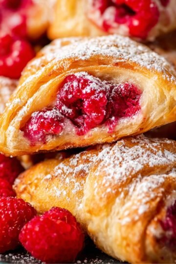 Delicious Raspberry Danish Recipe 5 Close up of raspberry danish, golden and flaky with a visible burst of juicy raspberries inside. The pastries are dusted with powdered sugar, and fresh raspberries surround the danishes, making them look extra tempting.