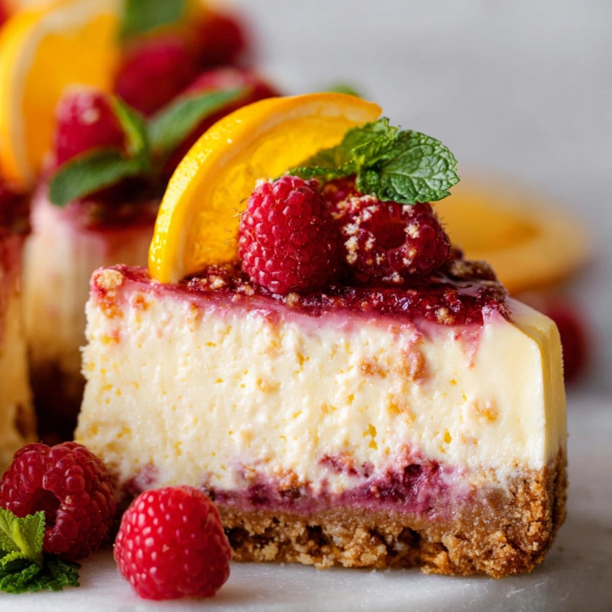 Easy Raspberry Lemonade Cheesecake Recipe 9 Close up of a slice of raspberry lemonade cheesecake topped with fresh raspberries, orange slices, and mint leaves. The smooth, creamy texture of the cheesecake contrasts beautifully with the colorful toppings.